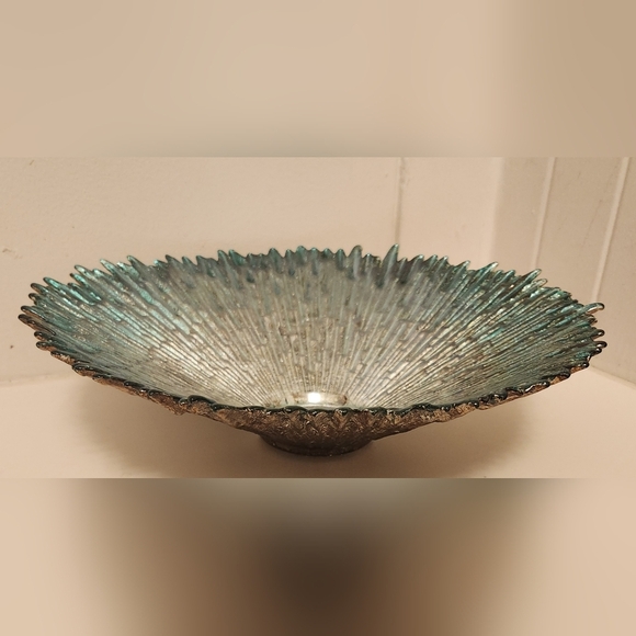 🦋Beautiful Sunburst Glass Accent Bowl Glossy Teal Gold Silver - Picture 3 of 15